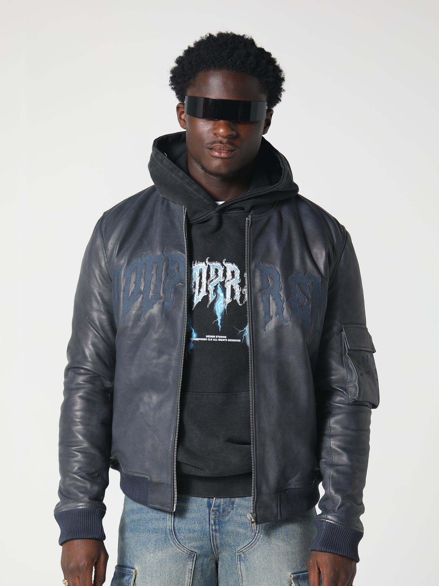 LEATHER BOMBER JACKET WASHED GREY