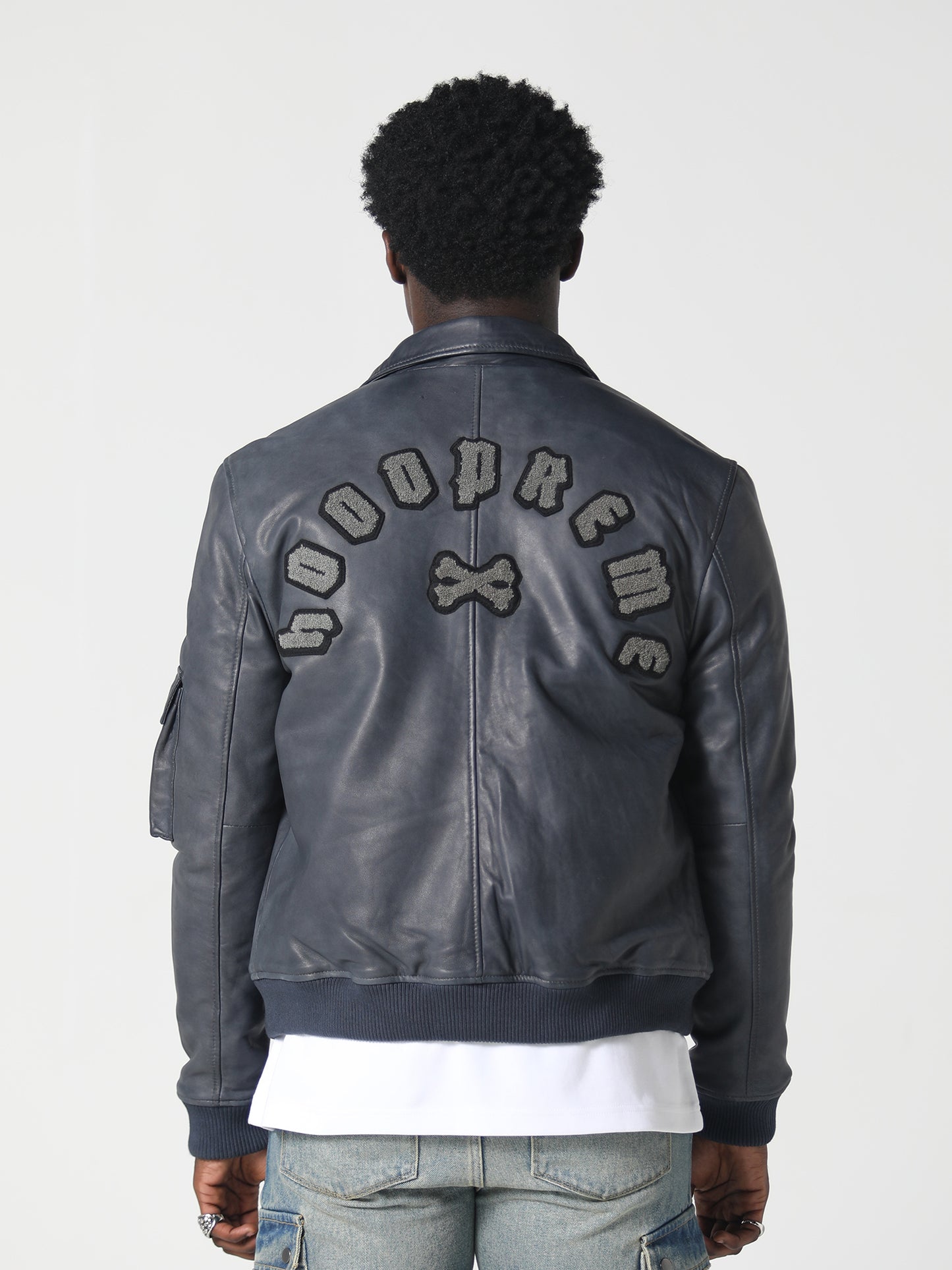 LEATHER COLLARED JACKET WASHED GREY