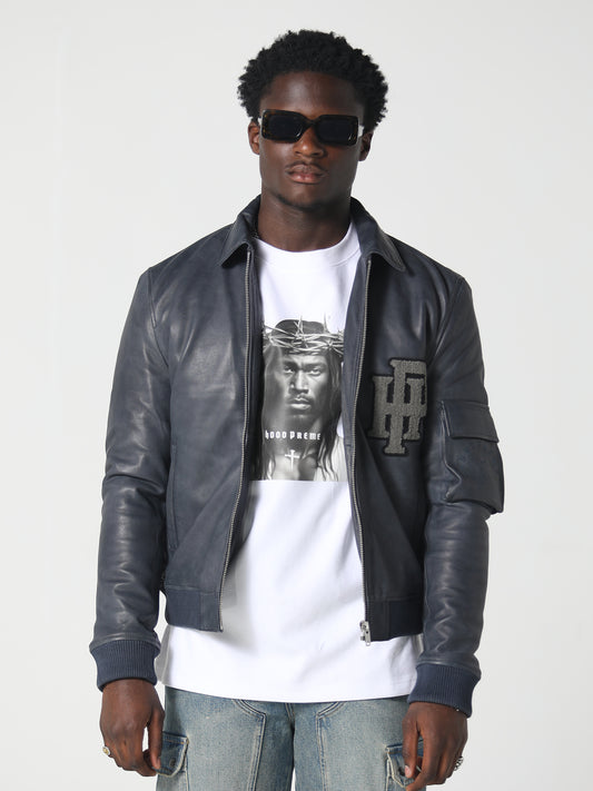 LEATHER COLLARED JACKET WASHED GREY