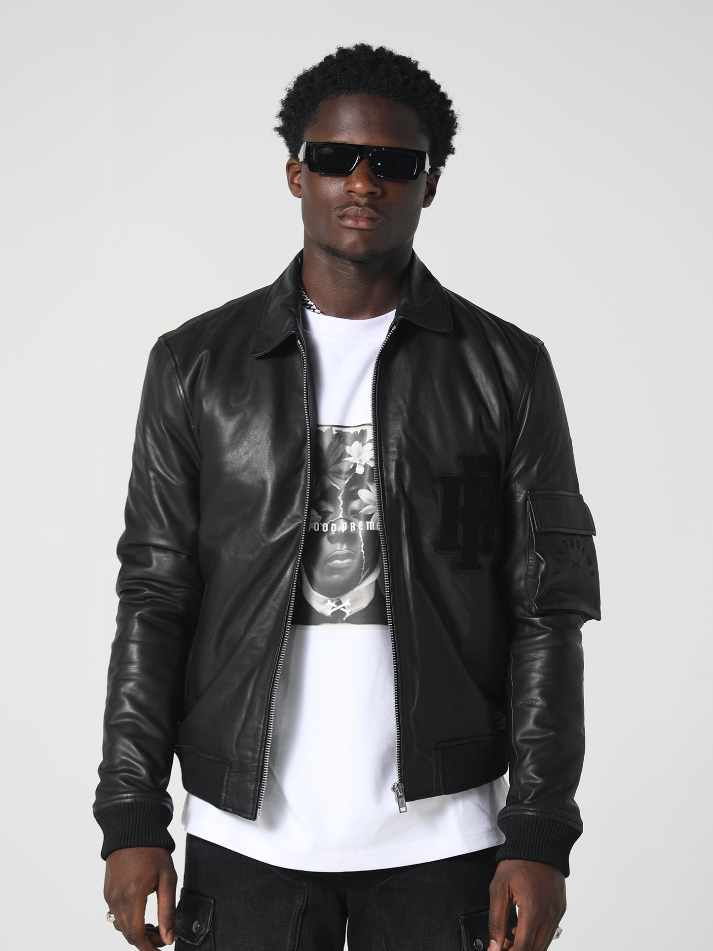 LEATHER COLLARED JACKET WASHED BLACK