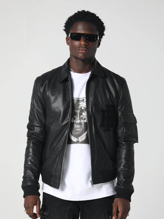 LEATHER COLLARED JACKET WASHED BLACK